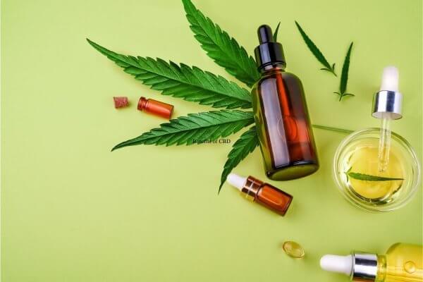 Benefits of CBD - Image of the marijuana plant and different forms of CBD