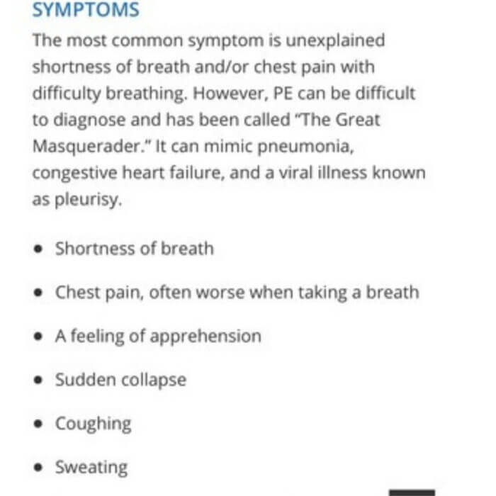 What are the symptoms of Pulmonary Embolism - listed on graphic