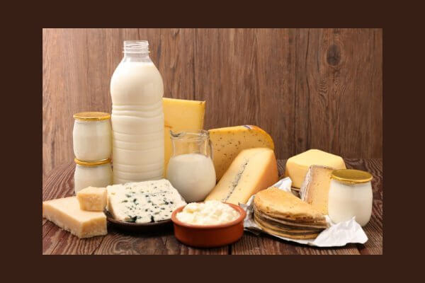 Array of dairy products that may affect PCOS including milk, cheese and yoghurt