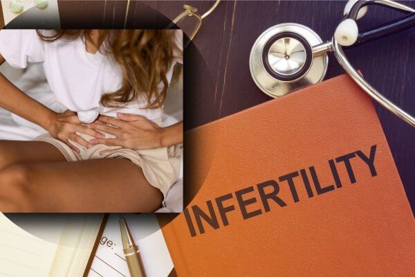 Can Ovulation Pain cause Infertility - black lady insert photo gripping her abdomen. Background graphic with infertility text