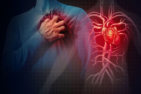 Graphic with image of man gripping his chest during a heart attack